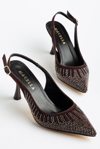 Party Women's Bitter Brown Stone Detailed Daily Comfortable Open Back Fabric Evening Dress Stiletto Heeled Shoes
