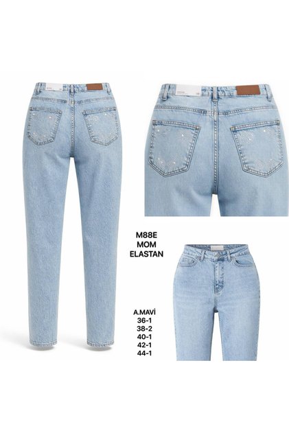 Kadın Açık Mavi Yüksek Bel Arka Cep Taş Detaylı Mom Fit Jean Pantolon