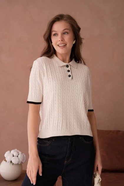 Women's Polo Collar Button Detail Hair Knit Knitwear Sweater 12184