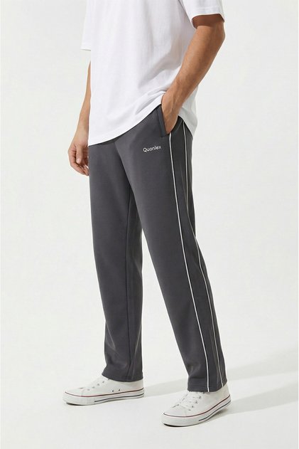 Smoked Comfortable Fit Side Double Piped Combed Cotton Sweatpants with Zipper Pocket and Straight Leg