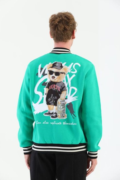 Green Skate Men's College Embroidered Jacket Bomber College Coat Elastic Waist College Jacket Coat
