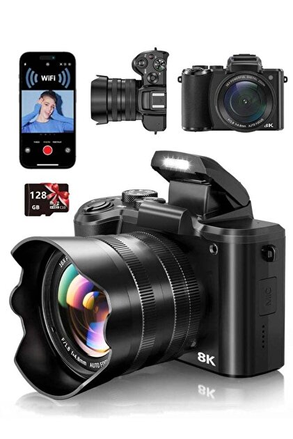 8K Digital Cameras- Autofocus 88MP 16X Digital Zoom Vlog Camera with Lens Hood, 128GB TF Card
