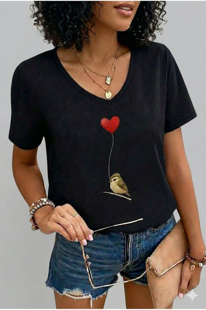 Women's V-Neck White/Black Printed T-Shirt Loose Fit Oversized