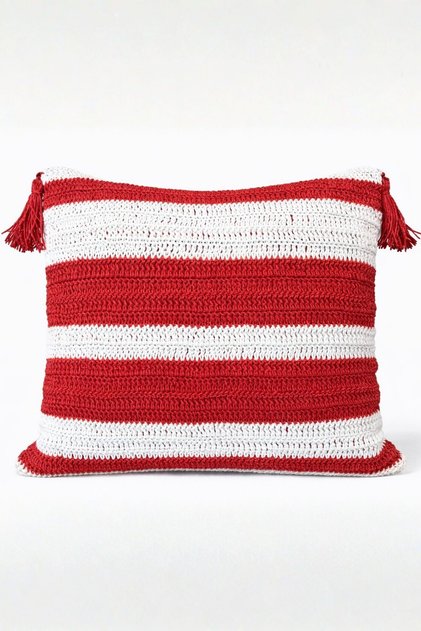 Red White Striped Knitwear Cushion – Tasseled , Zippered Decorative Cushion