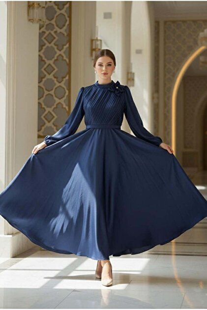 Hakimoda ncigl  Silk Rganze Evening Dress Navy Blue- Trendyol
