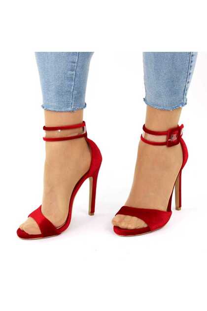 Sandale de dama elegante din catifea cu bareta transparenta H12-RED