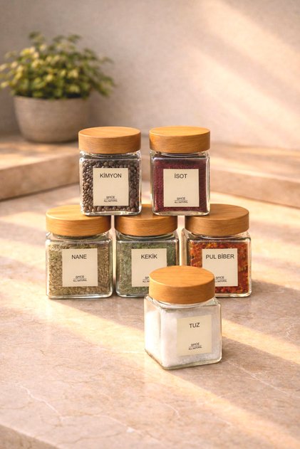 6-Piece Square Glass Spice Jar Set with Bamboo Lids / 12 Label Gifts / 6-Piece Spice Jar Set