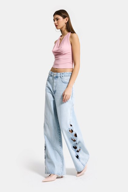 Women's Ice 4S6-3 Super Baggy Heart Embroidery Detailed Special Design Denim Jeans