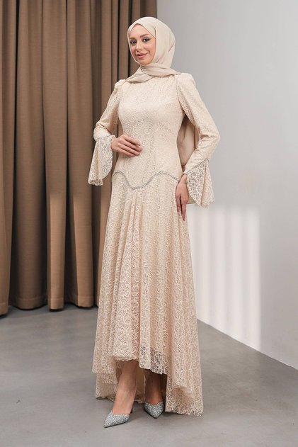Beige Guipure Lace Lined Stone Evening Dress