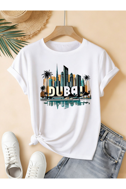 Women's Dubai City Printed Crew Neck Regular Fit Oversized T-Shirt