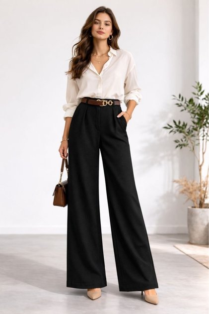 Women's Trousers Thick Waist Belt Palazzo Pants Wool Effect