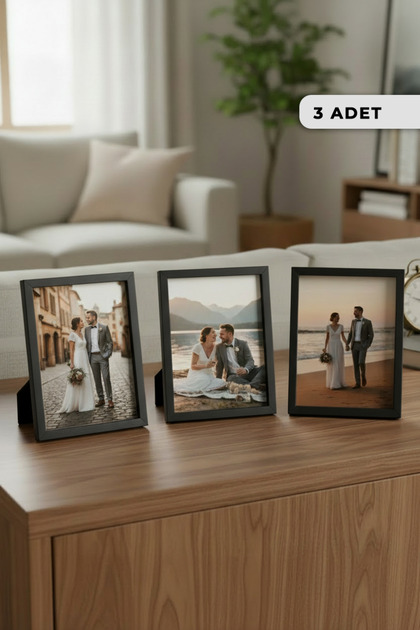 3 ADET Siyah Ahşap Çerçeveli Dikdörtgen Estetik Ayaklı Fotoğraf Çerçevesi