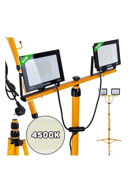 PROIECTOR, LAMPA DE LUCRU LED 2 X 50W CU STATIV REGLABIL 60-160 CM, ALB NEUTRU 4500K IP66 - KELTIN