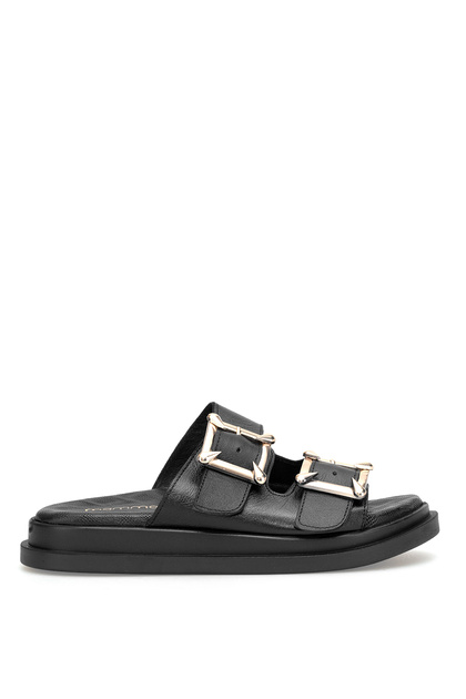D26Yt-1780 Women's Genuine Leather Flat Slipper Black