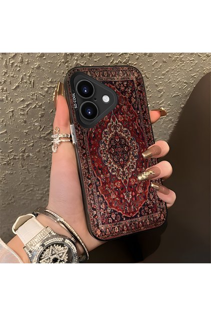 iPhone 16 Plus Compatible Kilim Rug Patterned Silicone Edge Hard Back Anti-Fall Phone Case