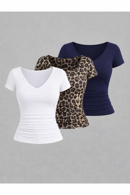 Women's V-Neck Short Sleeve 3-Pack Stretch Fabric Basic Blouse