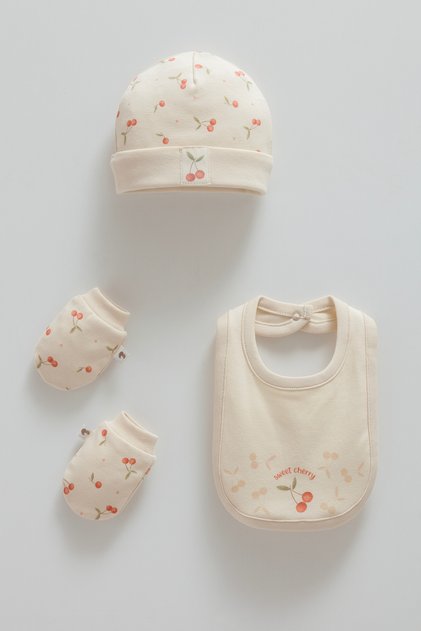 Baby Girl Set of 4 Pink Cherry Patterned 100% Cotton Hat, Bib and Gloves Set Gift Set Boxed