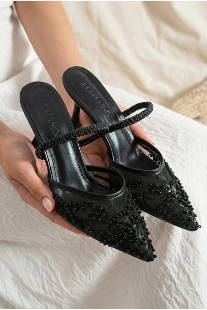 Fomax File Embroidery and Bead Print Detailed Women's Heels in Black