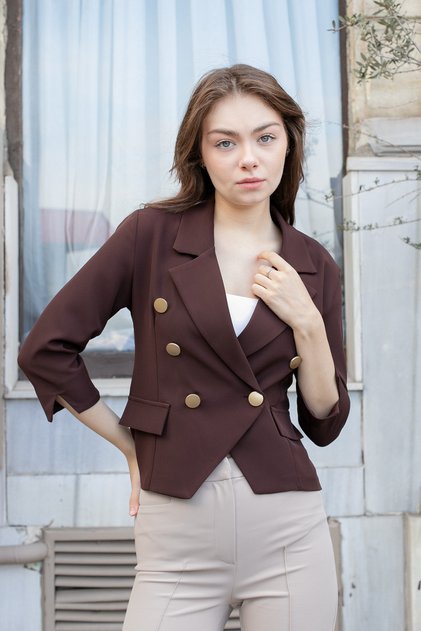 Women's Double-Breasted Pocket Flap Sleeves Slit Lightweight Stretch Fabric Fabric Short Jacket-Brown