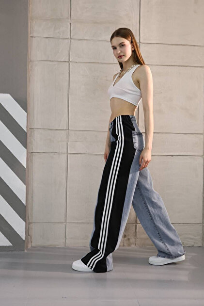 Women's Striped Sweatpants Detailed Jean Trousers - Gray Black