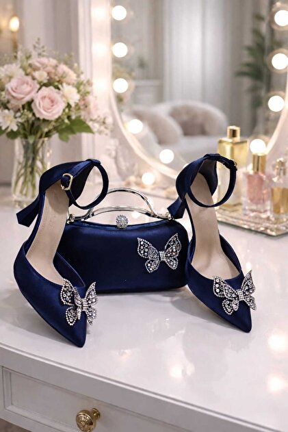 Famels Short Heeled Shoes Butterfly Stone Bow Navy Blue, Evening Dress Shoes  and Evening Dress Bag Set- Trendyol
