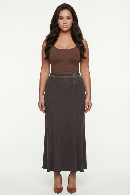 Women's Brown Summer Long Skirt with Special Accessories Ribbed Stretchy