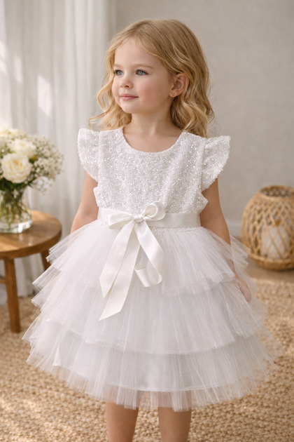 White Color Sequined Layered Fluffy Lined Layered Invisible Zipper Layered Girls' Evening Dress with Ribbons