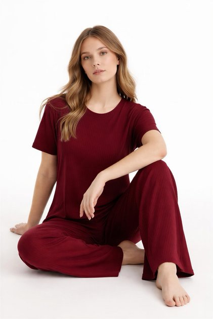 Knitted Viscose Crew Neck Short Sleeve Pajama Set Bm-1769