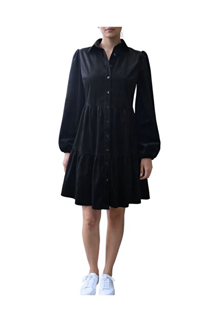 MORE MOSS Women's Velvet Pleated Shirt Dress- Trendyol
