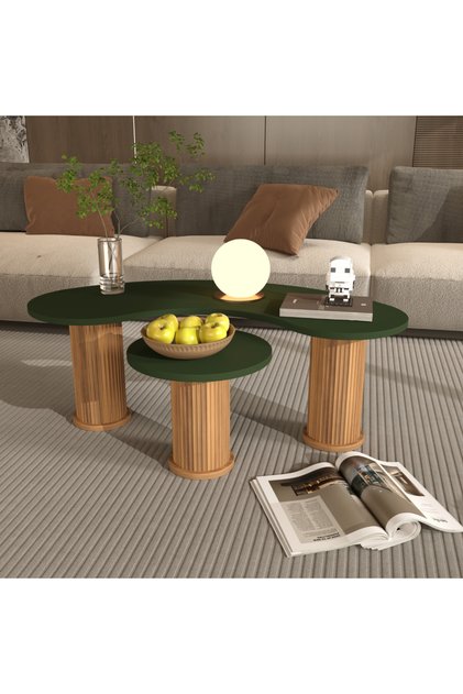 ALBERO Verde Premium Organik Form Yivli Bohem Ayaklı İkili Orta Sehpa Seti