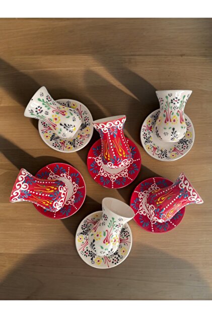 Decorative 6-Person Fully Handmade Tea Cup Set with Stylish Tulip Tile Design