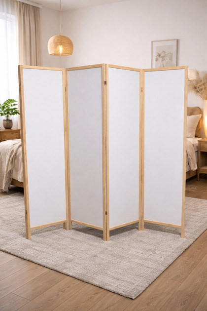 4 Kanatlı Ahşap Paravan 180x175 cm Çift Taraflı Beyaz MDF Masif Çam Çerçeve