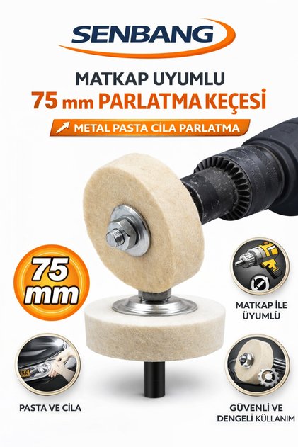 75 mm Parlatma Keçesi Matkap Uyumlu – Civatalı Somunlu Metal Pasta Cila Parlatma Diski