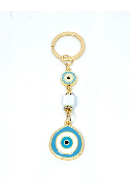 Light Blue Big Metal Keychain, Luck Keychain, Metal Evil Eye Bead Keychain