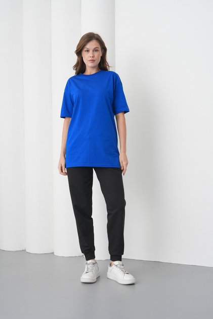 Women's Cobalt Blue-Black Cotton Pack Crew Neck Pocketed Jogger Pants Top and Bottom Set