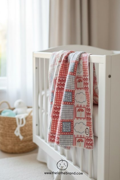 Red Patchwork Desen Çoban Dikiş Detaylı Çift Kat Müslin Bebek Örtüsü