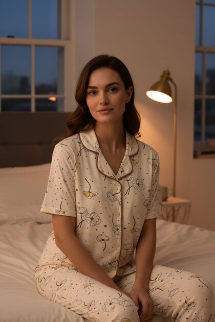 Women's Short Sleeve Stretch Fabric Buttoned Pajama Set Cream
