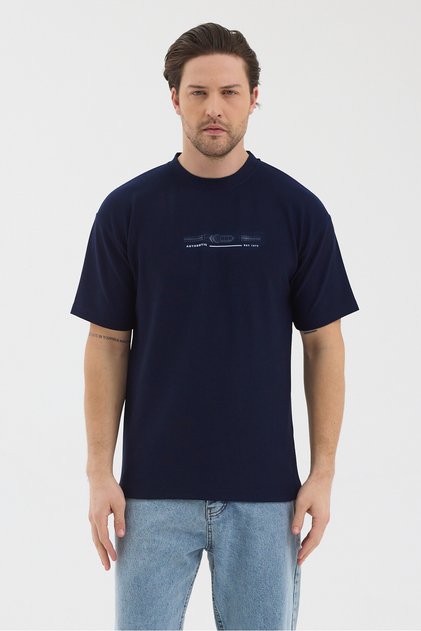 Men's Navy Blue Color Jacquard Fabric Printed Slim Fit T-Shirt