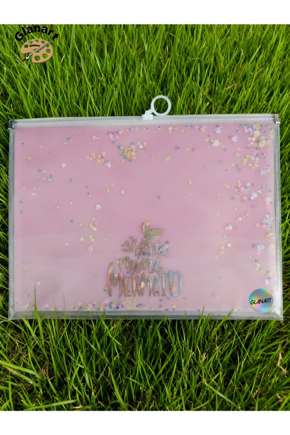 sunum proje dosyası klips fermuarlı a4 boy ödev dosyası simli pullu açık pembe(32,5x24,5 cm) 1 adet