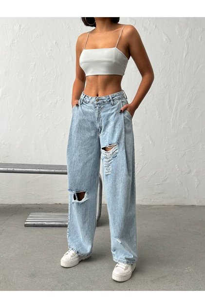 TREND HIGH WAIST SPECIAL DESIGN WIDE LEG JEAN RIPPED BAGGY PALAZZO PANTS