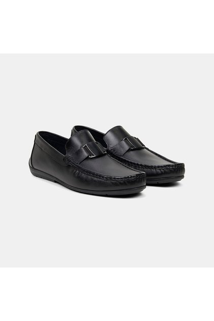 Erkek Siyah Metal Detaylı Deri Loafer