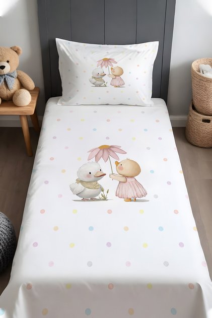 Cute Ducks with Flowers Patterned Bedspread and Pillowcase