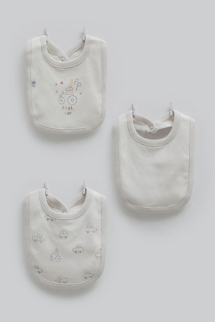 3-Piece Baby Bib Set 100% Combed Cotton Bib with Cotton Cars (0-3 Months) Color-Grey