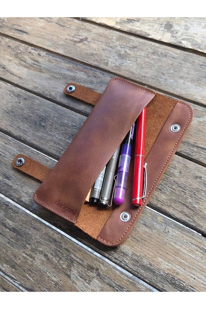 Custom Design Handmade Leather Pen Holder - Minimalist Snap Leather Pen Pouch Real Leather Pen Holder