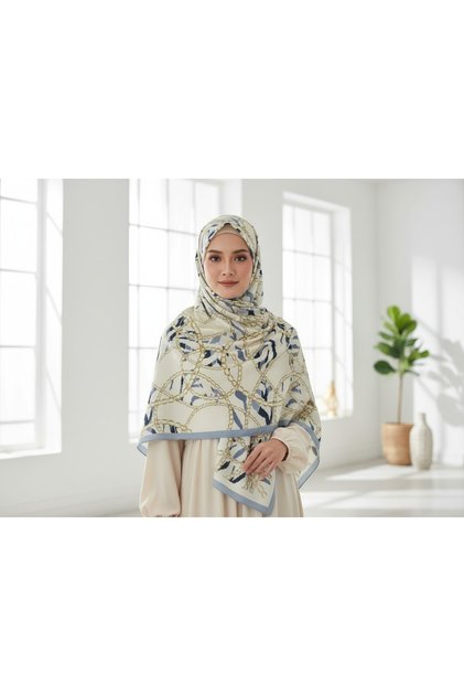 Golden Loop Floş Viskon Şal – Mavi Bej Gold Zincir & Zebra Desenli