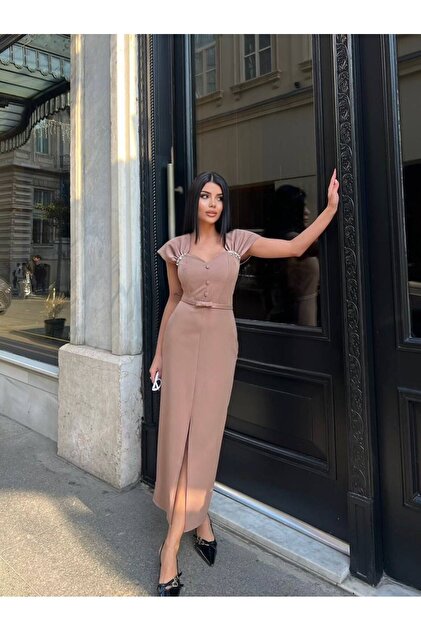 maf collection Burgundy Mink Button and Bow Detail at Waist, Sweetheart  Neckline Midi Length Evening Dress Graduation Gown- Trendyol
