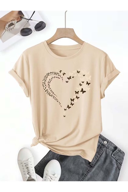 Tricou unisex bej cu inimă leopard și fluture cu imprimeu guler rotund