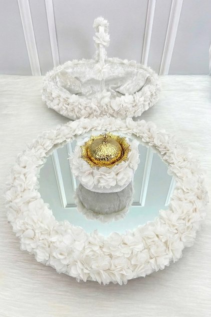 White Floral Mirrored Velvet Henna Night Tray Basket Bridal Set, Engagement Wedding Promise Circumcision