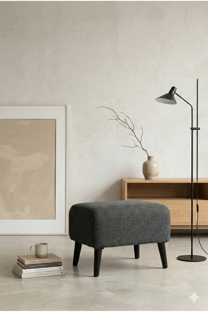 Minimalist İskandinav Tarz Puf - Antrasit Gri Keten Kumaş Ahşap Ayaklı Puf - 48x40x38 cm