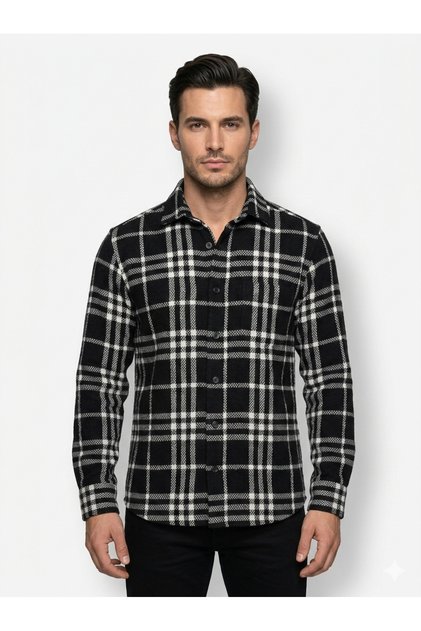 Premium Men's Black White Plaid Patterned Slim Fit Lumberjack Shirt